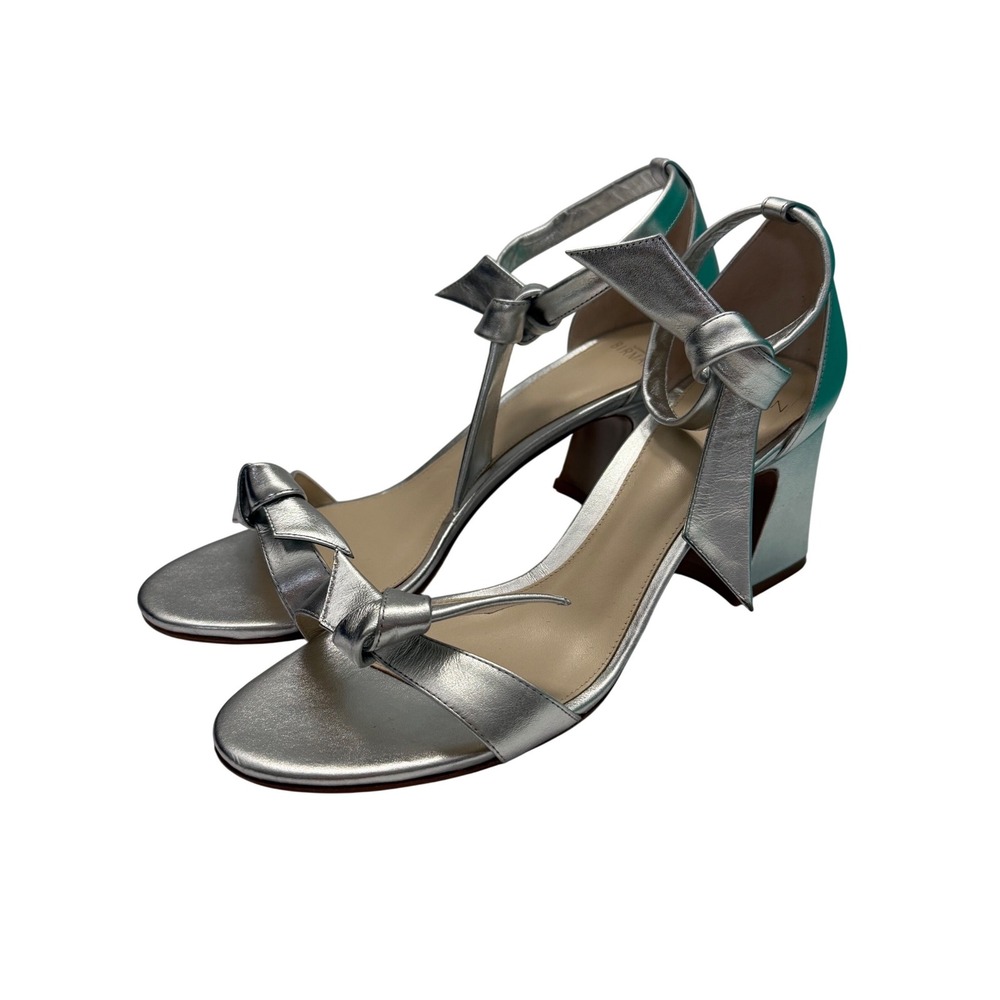 Alexandre Birman Clarita Silver Metallic Leather Bow Block Heel Sandals Size 40